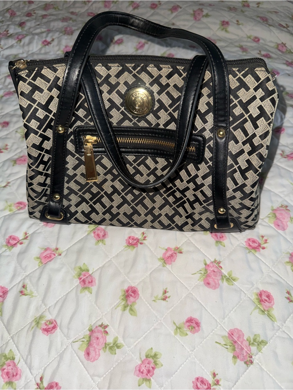 Tommy Hilfiger black & beige geometric pattern handbag